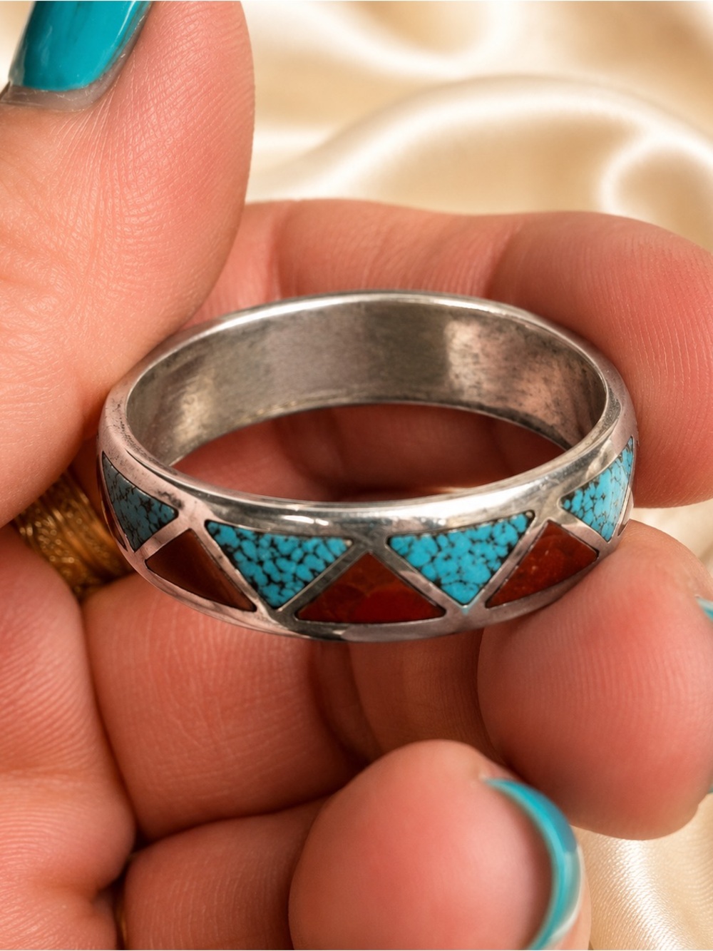Vintage Zuni Sterling Turquoise & Red Spiny Oyster Inlay Band Ring Size 15